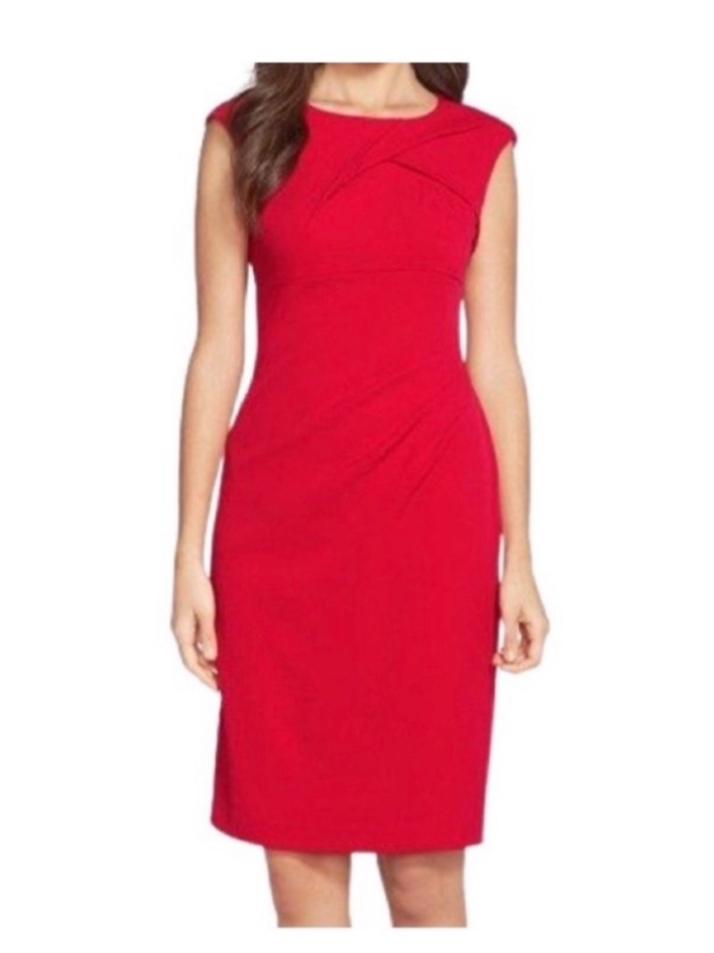 Adrianna Papell Red Crepe Sheath Dress Size 8 Poppy Pleated Neck Cocktail Career